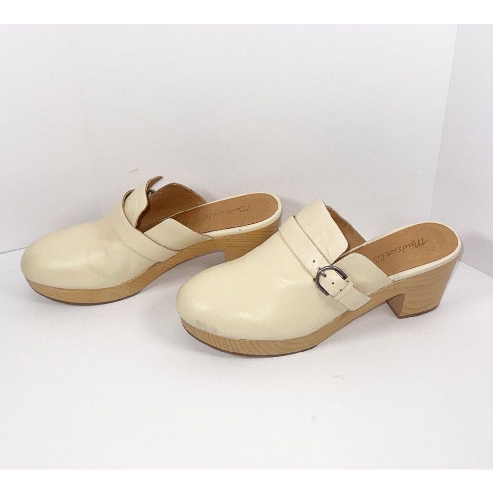 Madewell Monique Buckle Clogs Ivory Leather Chunky Wood Heel Buckle Slip On Sz 9 - Picture 3 of 16